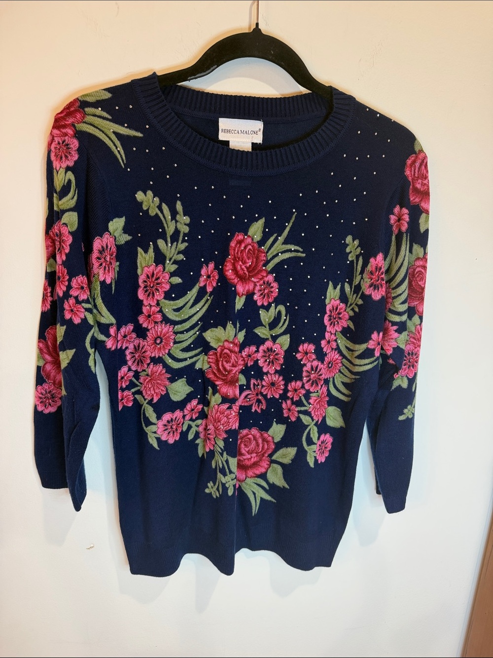 Rebecca Malone Navy Crew Neck Sweater w/Pink Floral Motif, Rhinestone Details L